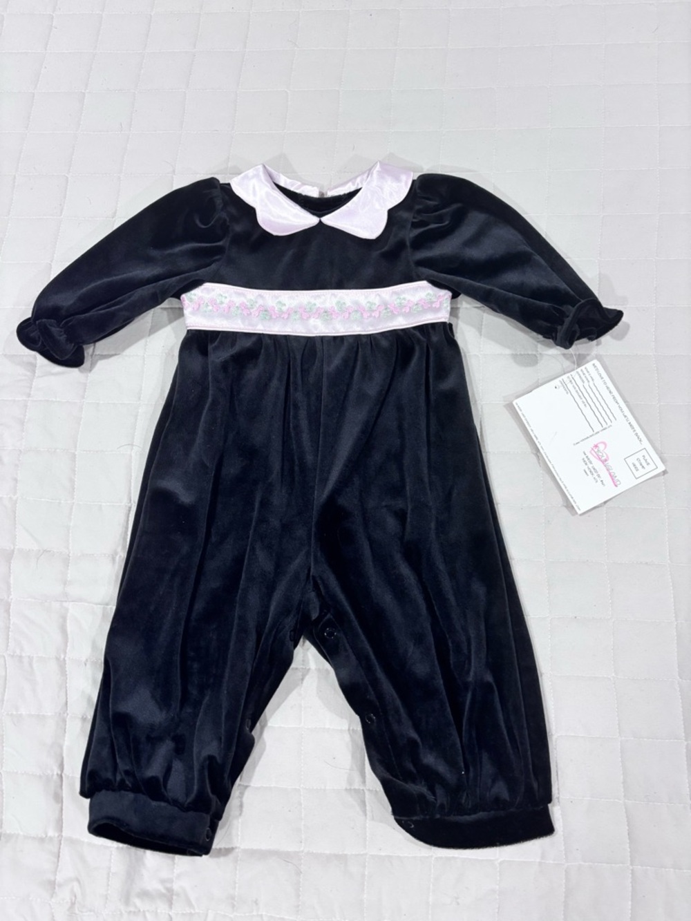 NWT Vintage Youngland Baby Romper 6–9M Black Velvet/Pink Floral Smocked/Collar